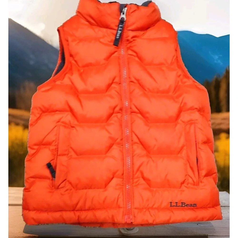 LL Bean Puffer Vest Kids M 5-6 Orange Excellent DownTek‎ Fleece Lined Quilted